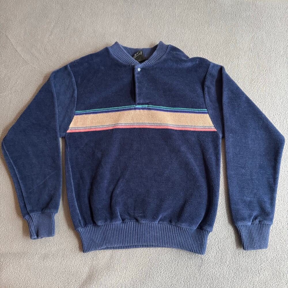 Vintage 80s Chesterfield For Boys‎ Velour Pullover Sweater 10 Blue Retro Stripe